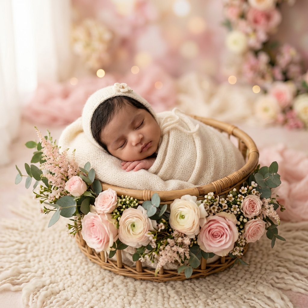Newborn baby in basket